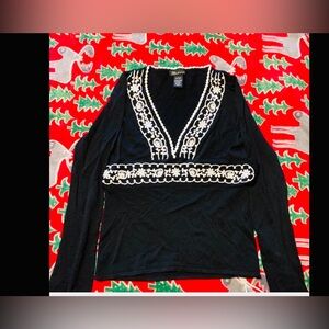 Womens Vintage MOSAIC Long Sleeve Black Knit White Floral Embroidery Tie Back, L